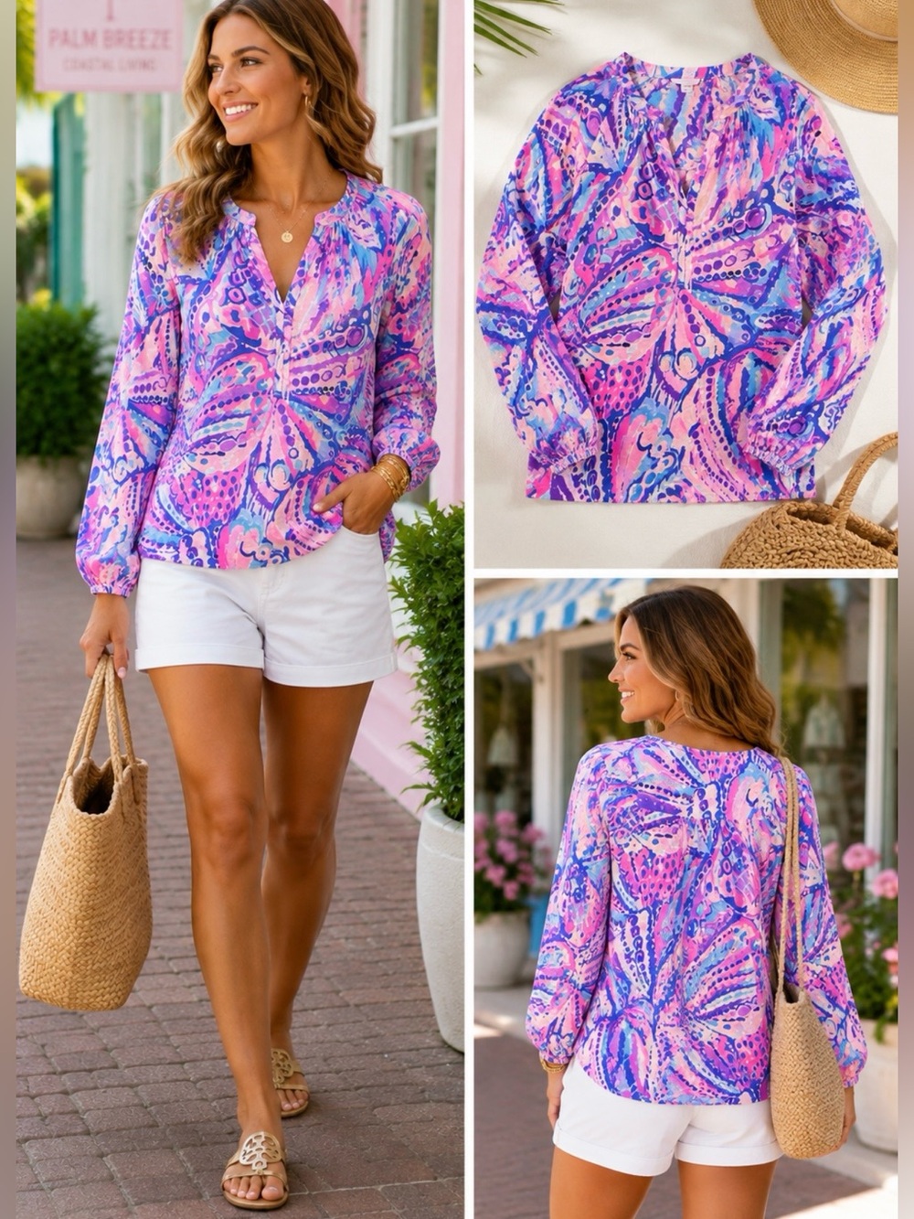 💥Lilly Pulitzer Meg Long Sleeve Cotton Top Pink Purple Paisley Print Sz S🧡